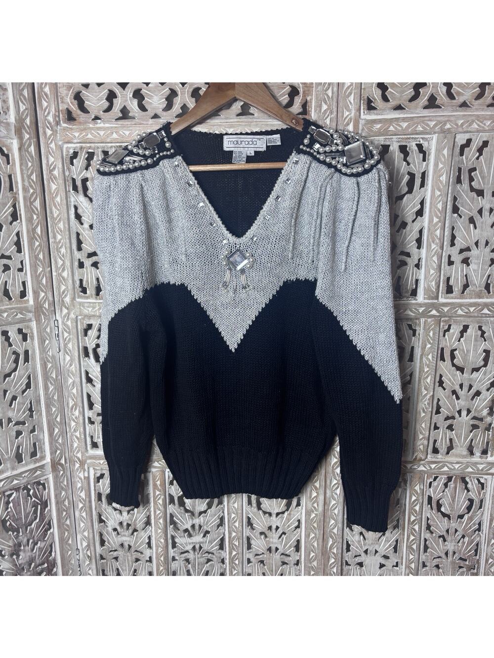 Vintage Maurada Pearl Rhinestone Metallic Embroidered V-Neckline Chevron Sweater